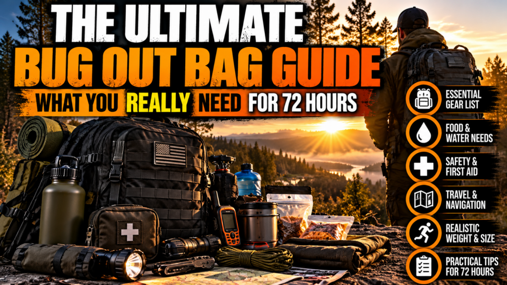 Bug out bag with essential 72-hour emergency gear, water, first aid, navigation and survival supplies