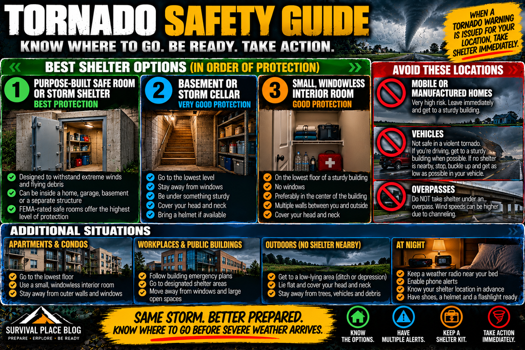 Tornado safety infographic showing the preferred shelter options in order: purpose-built safe room or storm shelter, basement or storm cellar, and a small windowless interior room on the lowest floor. It also identifies mobile homes, vehicles, and overpasses as locations to avoid, with additional guidance for apartments, public buildings, outdoor situations, and nighttime tornado preparedness.