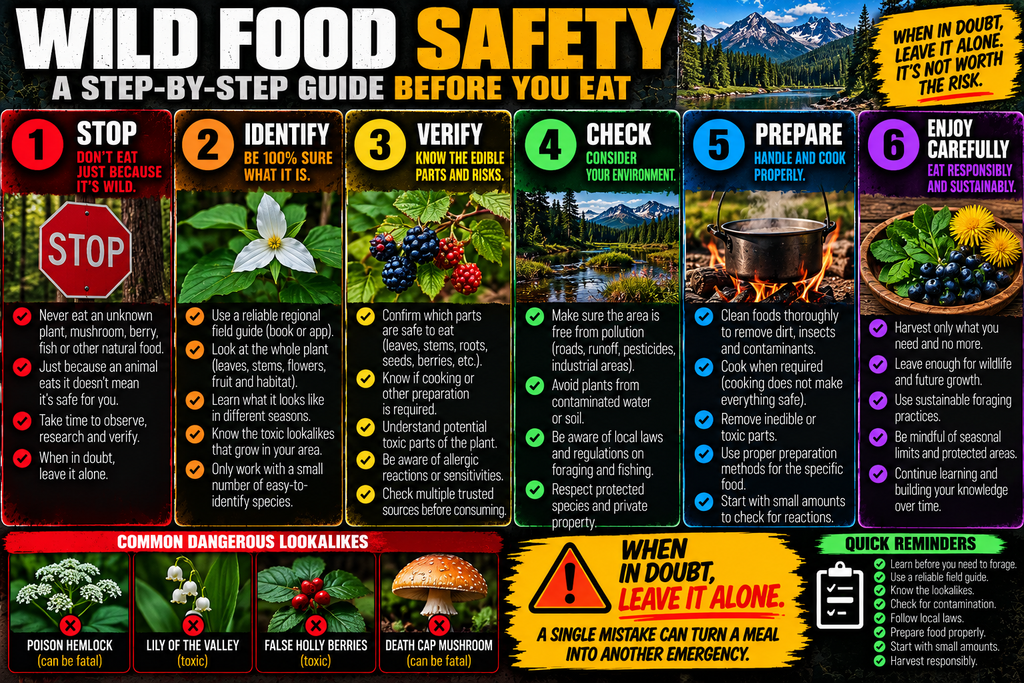 Wild food safety infographic showing six steps: stop before eating, positively identify the food, verify edible parts and risks, check the environment and local regulations, prepare food safely, and harvest responsibly. The graphic also highlights dangerous lookalikes and the warning to leave unknown wild foods alone.