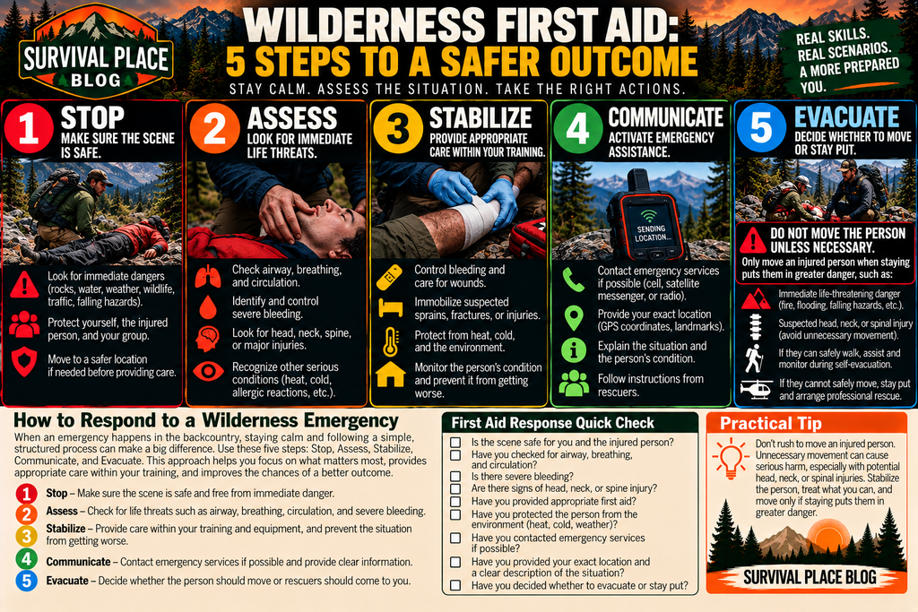Survival Place Blog infographic showing five steps for responding to a wilderness emergency: Stop and check scene safety, Assess for immediate life threats, Stabilize the injured person within your training, Communicate with emergency services and provide location information, and Evacuate only when appropriate or when staying creates greater danger.

