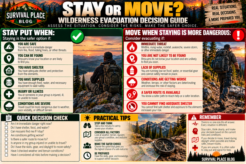 Survival Place Blog infographic comparing when to stay put and when to move during a wilderness emergency, including scene safety, serious injury, ability to walk, rescue access, available shelter and supplies, worsening conditions, and immediate environmental threats.
