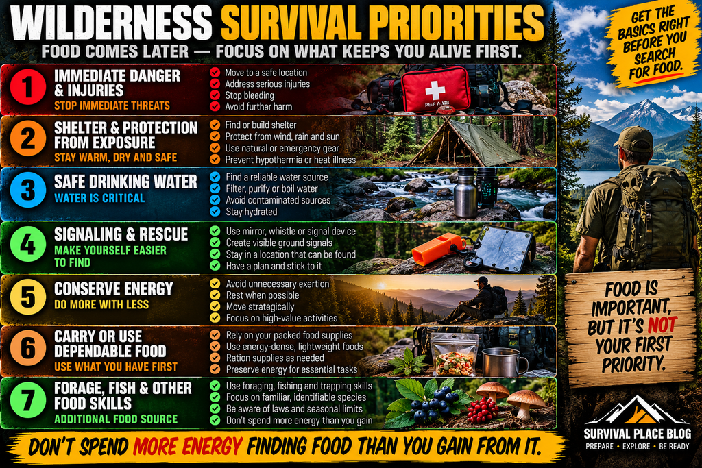 Wilderness survival priorities infographic showing seven steps: address immediate danger and injuries, secure shelter, find safe drinking water, signal for rescue, conserve energy, use dependable food supplies, and then use foraging, fishing and other food-gathering skills.