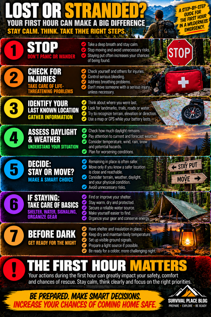 Wilderness survival infographic showing seven steps for the first hour after becoming lost or stranded: stop and stay calm, check for injuries, identify the last known location, assess daylight and weather, decide whether to stay or move, secure shelter, water and signaling, and prepare for nighttime conditions.