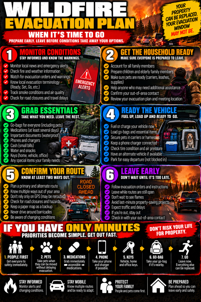 Wildfire evacuation plan infographic showing six steps: monitor conditions and emergency alerts, prepare household members and pets, grab essential supplies, ready the vehicle, confirm primary and alternate evacuation routes, and leave early before wildfire conditions worsen.
