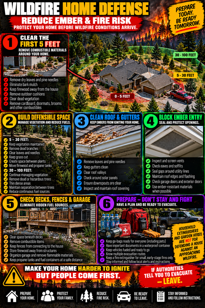 Wildfire home defense infographic showing six steps to reduce ember and fire risk: clear the first five feet around the home, build defensible space, clean roofs and gutters, block ember entry, reduce hazards around decks, fences and garages, and prepare for evacuation.
