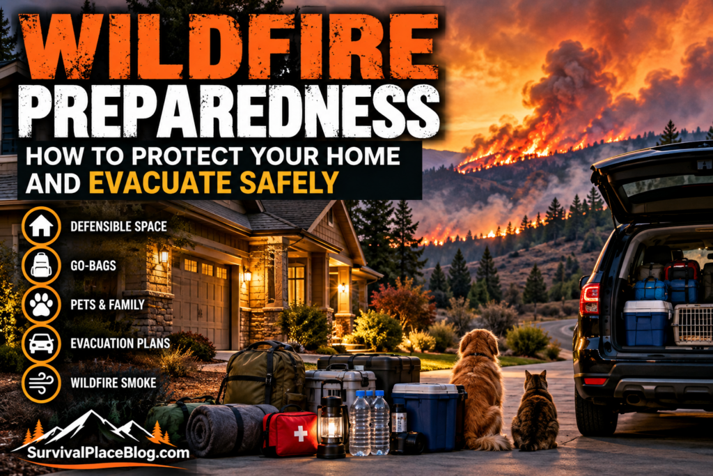 Wildfire preparedness with evacuation supplies, go-bags, pets and a vehicle ready to evacuate