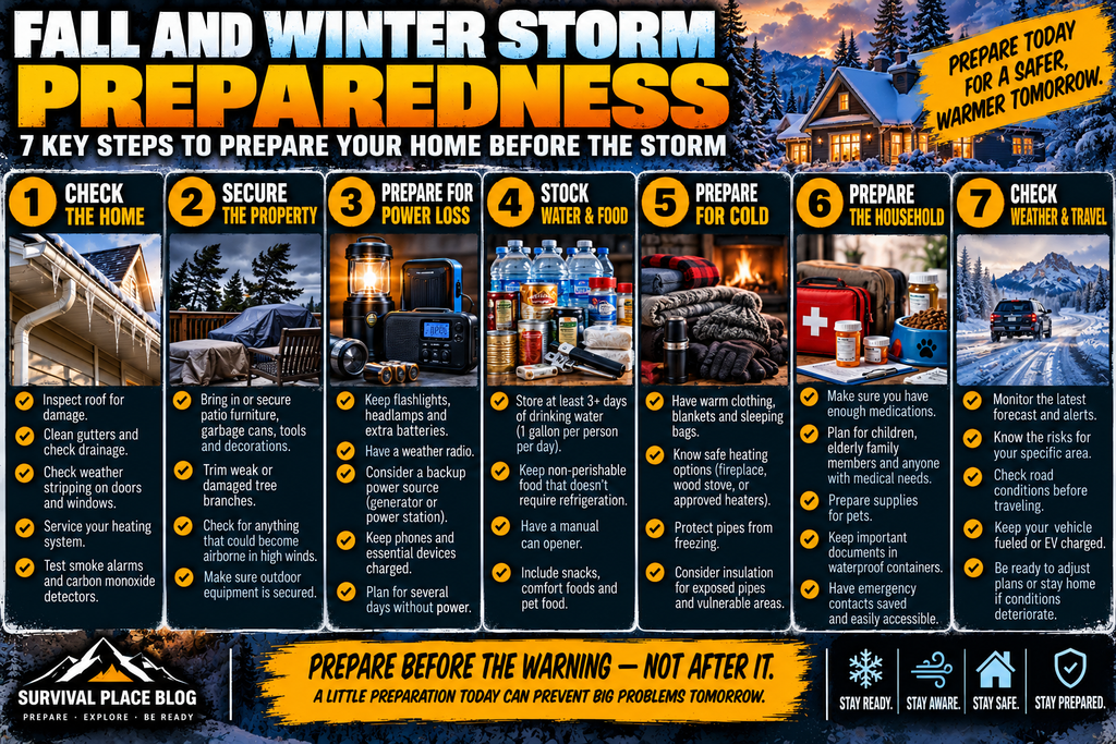 Fall and winter storm preparedness infographic showing seven steps: check the home, secure the property, prepare for power loss, stock water and food, prepare for cold, prepare the household, and check weather and travel conditions.