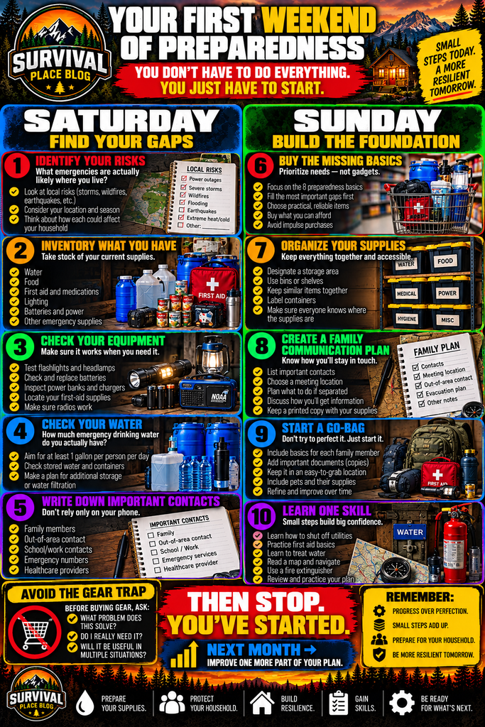 Prepping for beginners infographic showing a two-day emergency preparedness plan: Saturday focuses on identifying local risks, inventorying supplies, checking equipment and water, and recording emergency contacts; Sunday focuses on buying missing basics, organizing supplies, creating a family communication plan, starting a go-bag and learning an emergency skill.