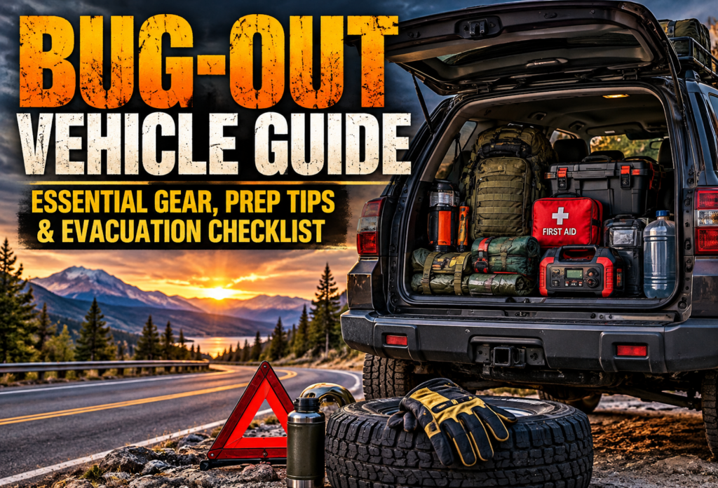 Bug out vehicle equipped with emergency gear, first aid supplies, water, tools, and roadside safety equipment