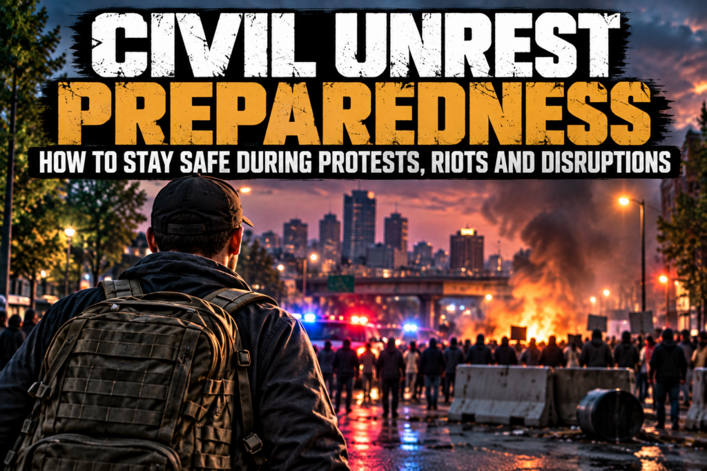 Civil unrest preparedness showing an urban disruption with crowds, road barriers and emergency response