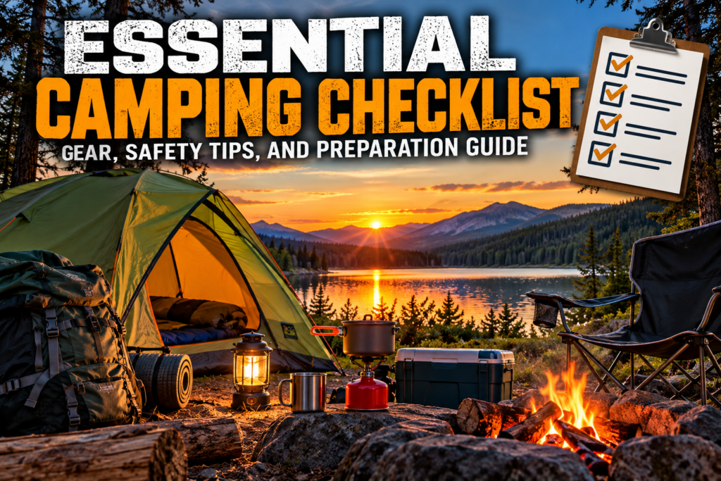 Essential camping checklist with tent, camping gear, cooking equipment, cooler, lantern, and campfire
