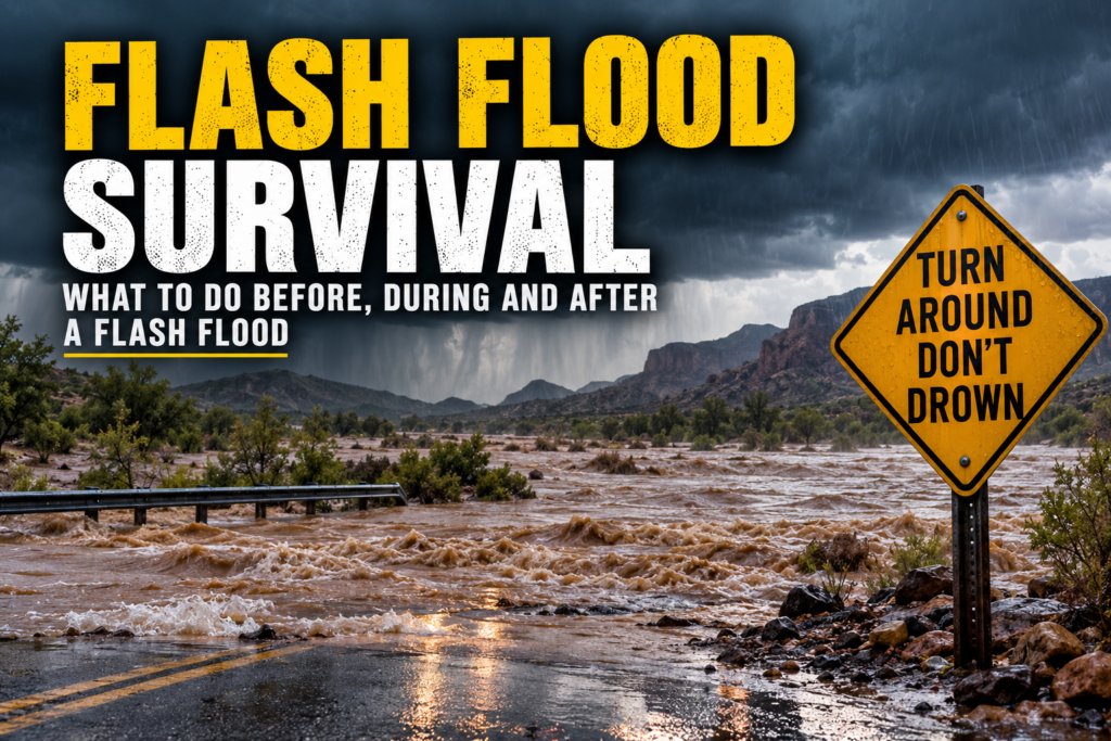 Flash flood survival showing a flooded roadway during severe rain with a Turn Around Don't Drown warning sign