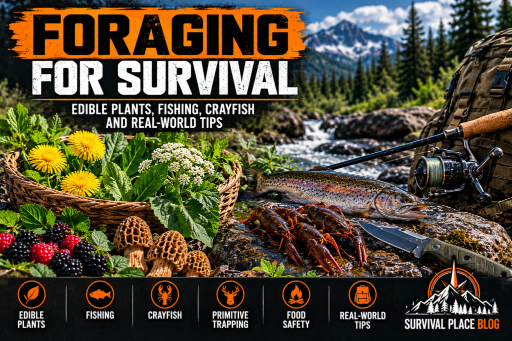 Wilderness survival food including edible plants, berries, mushrooms, trout, crayfish, and fishing gear beside a mountain stream