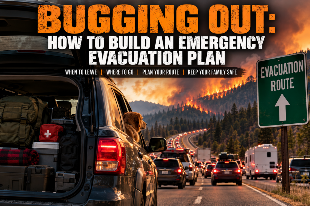 Emergency evacuation plan showing a vehicle, evacuation route, emergency supplies, and wildfire evacuation