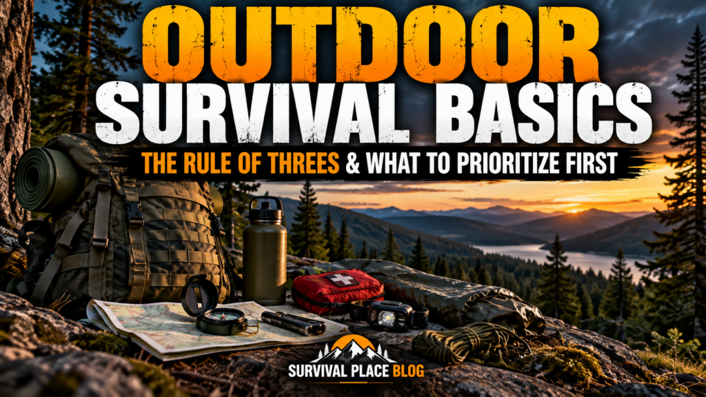 Outdoor survival basics showing a backpack, compass, map, first aid kit, water bottle, headlamp and wilderness survival gear