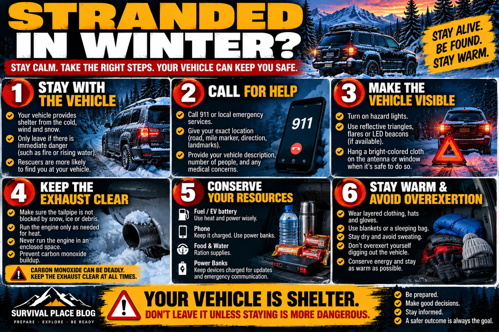 Winter emergency infographic showing six steps for stranded motorists: stay with the vehicle, call for help, make the vehicle visible, keep the exhaust clear to prevent carbon monoxide buildup, conserve fuel and other resources, and stay warm while avoiding overexertion.
