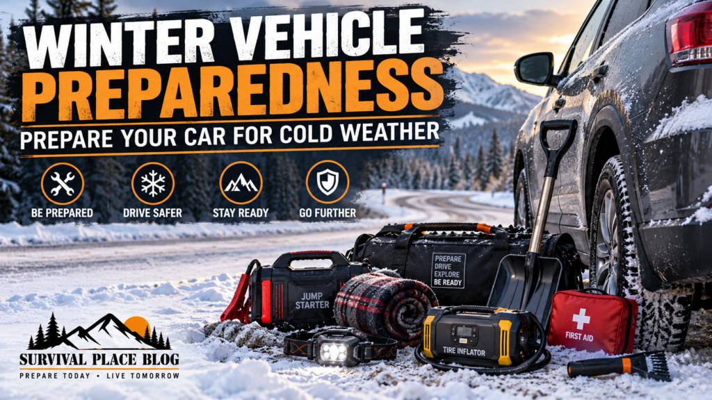 Winter vehicle preparedness with emergency gear for cold weather driving