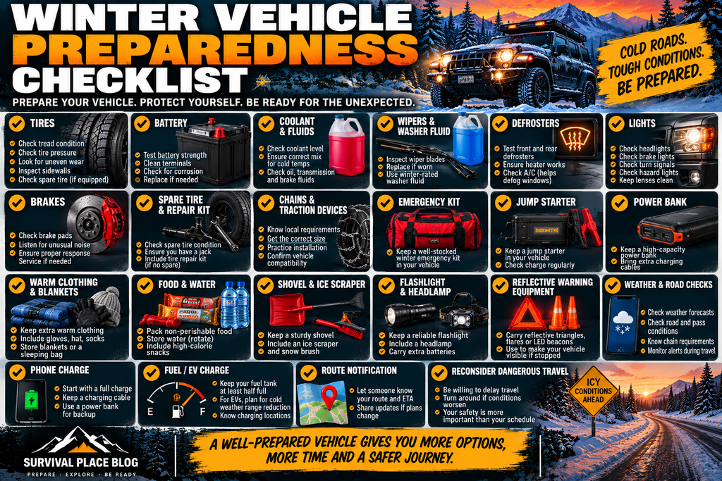 Winter vehicle preparedness infographic showing checks and supplies for tires, battery, coolant, wipers, defrosters, lights, brakes, traction devices, emergency equipment, warm clothing, food and water, lighting, phone power, fuel or EV charging, route notification, and reconsidering dangerous travel.