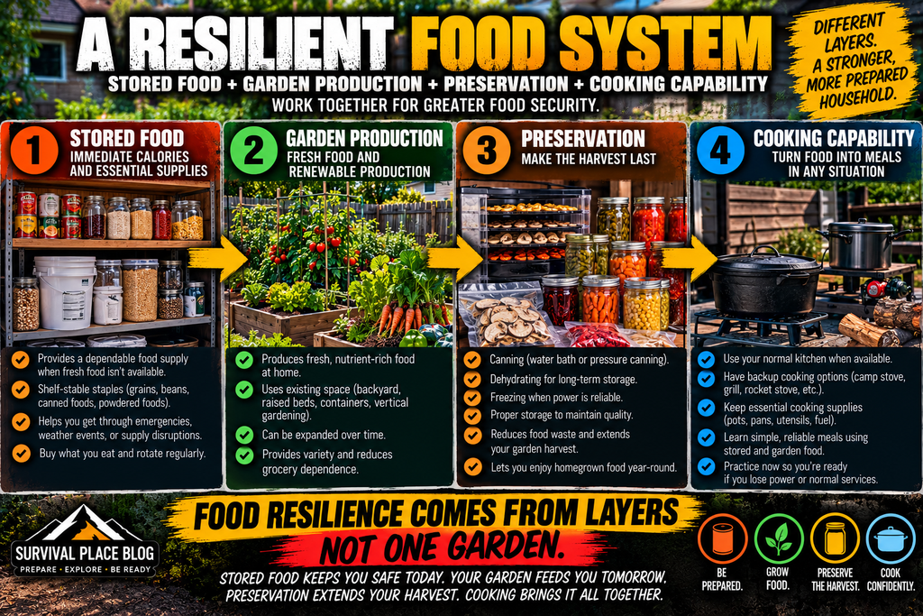 Resilient food system infographic showing four layers: stored food for immediate calories, garden production for fresh and renewable food, preservation to extend the harvest, and cooking capability to turn stored and garden food into meals.