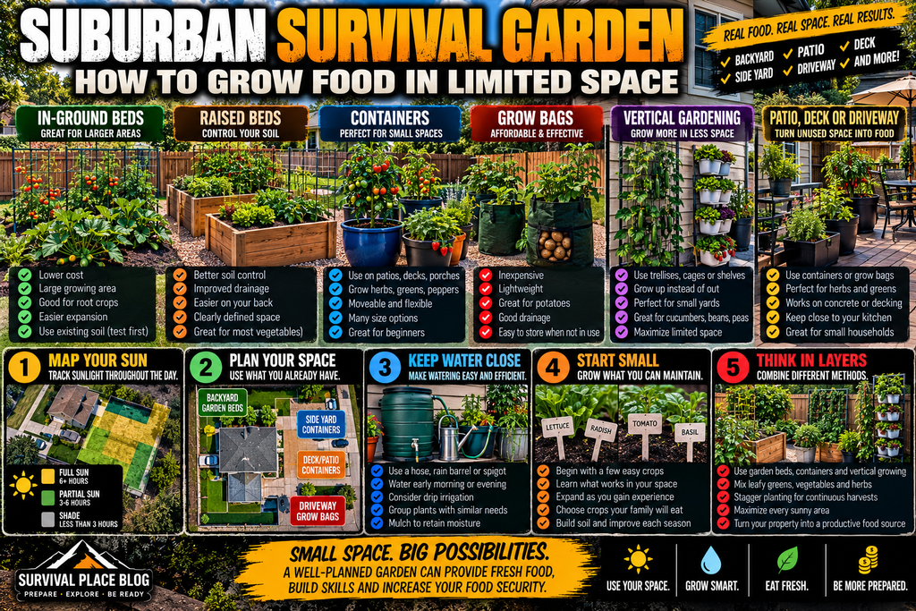 Suburban survival garden infographic showing in-ground beds, raised beds, containers, grow bags, vertical gardening, and patio or driveway growing, with steps for mapping sunlight, planning available space, managing water, starting small, and combining growing methods.