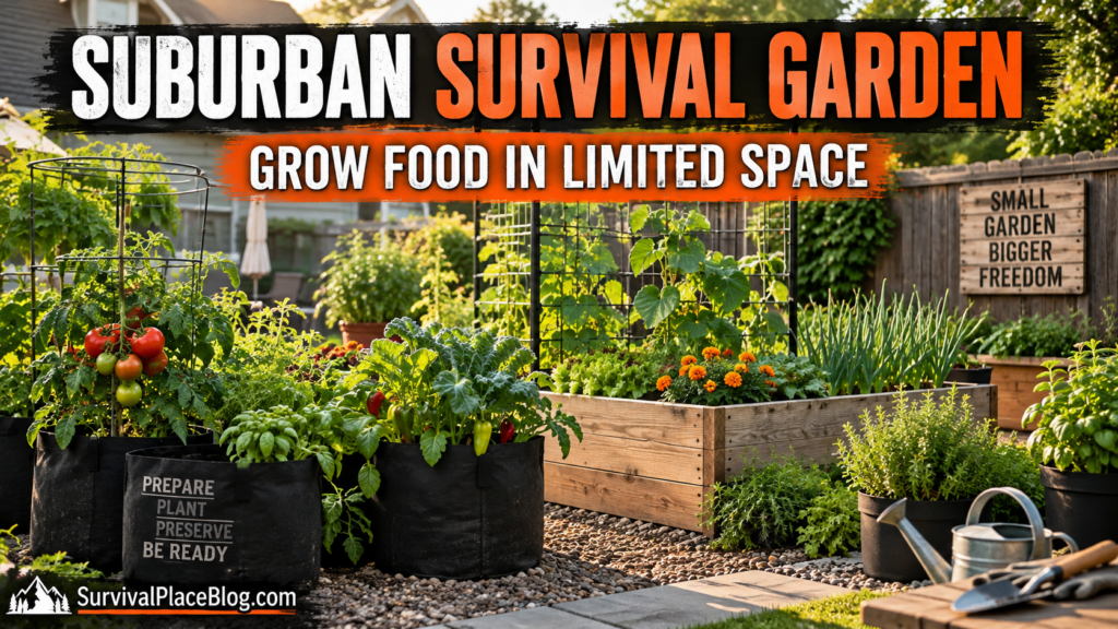 Suburban survival garden with raised beds, containers and vegetables growing in limited space