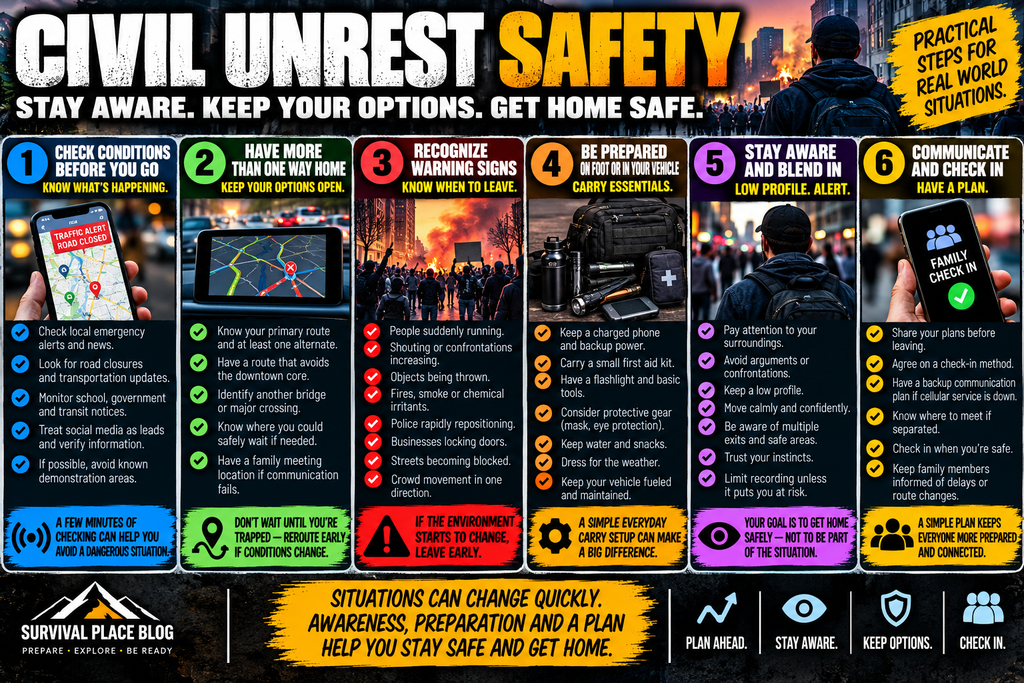Civil unrest safety infographic showing six preparedness steps: check conditions before leaving, have more than one way home, recognize warning signs, carry essential emergency supplies, stay alert and avoid unnecessary confrontation, and communicate with family.