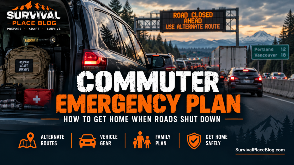 Commuter emergency plan with vehicle gear and alternate routes for getting home safely