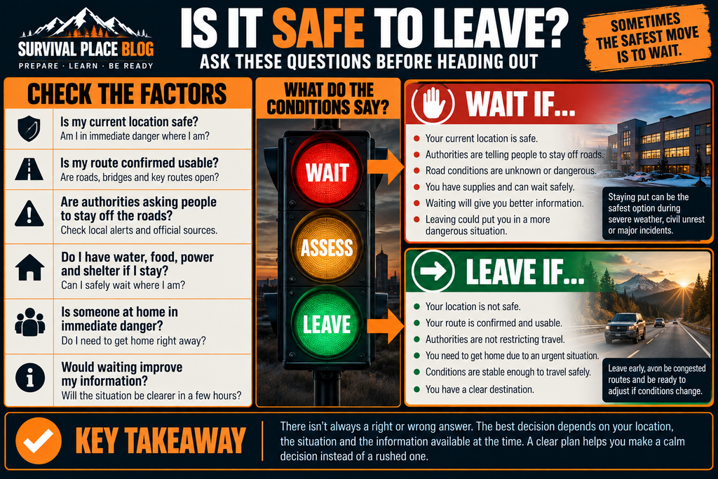 Commuter emergency decision guide showing factors to consider before leaving work, including location safety, route conditions, official guidance, supplies, family needs, and available information.