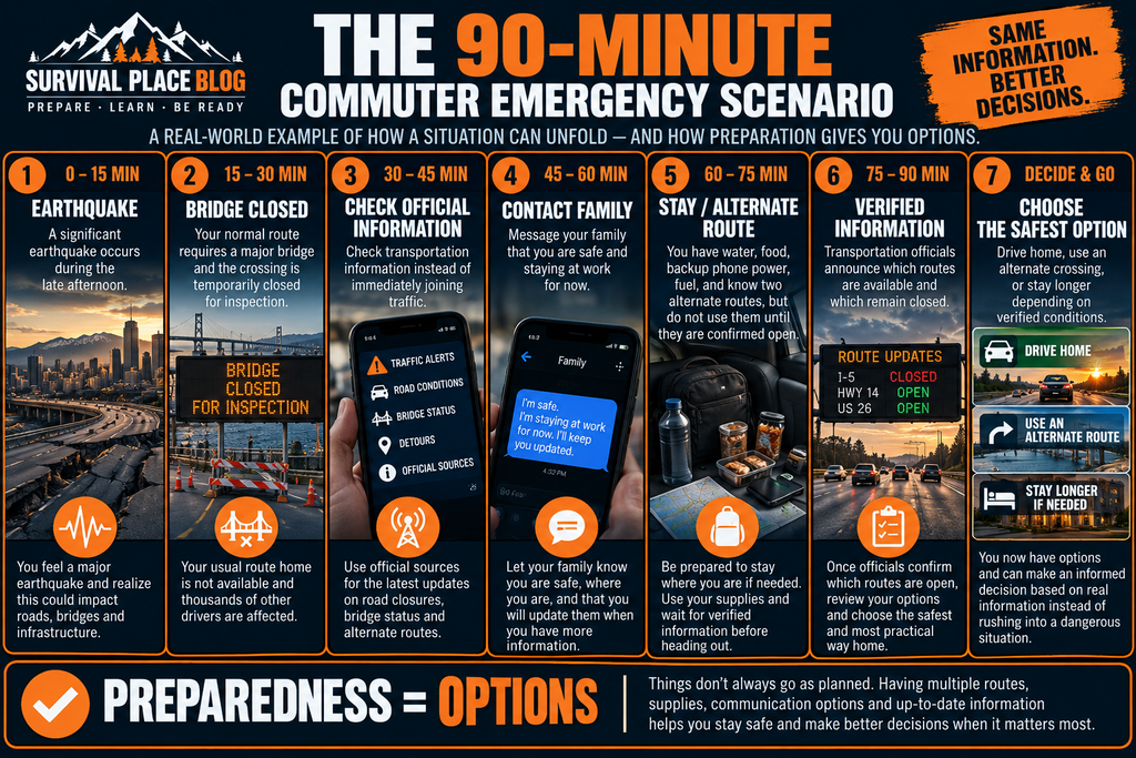 90-minute commuter emergency timeline showing an earthquake, bridge closure, official information checks, family communication, alternate route planning, verified route updates, and the final travel decision.
