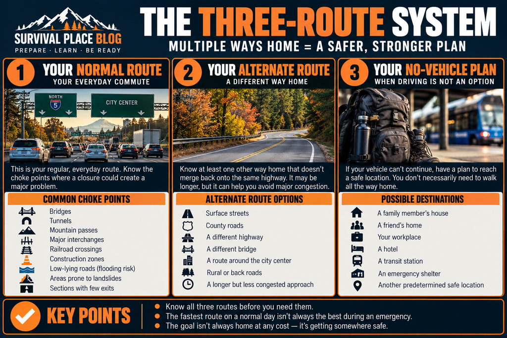 Three-route commuter emergency plan showing a normal route with choke points, an alternate driving route, and a no-vehicle plan with possible safe destinations.
