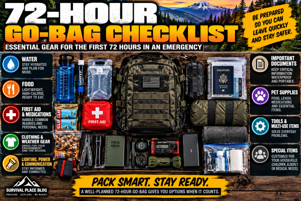 72-hour go bag checklist showing essential water, food, first aid, clothing, lighting, communication, documents, tools, and household-specific emergency supplies.