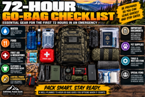 72-hour go bag checklist showing essential water, food, first aid, clothing, lighting, communication, documents, tools, and household-specific emergency supplies.