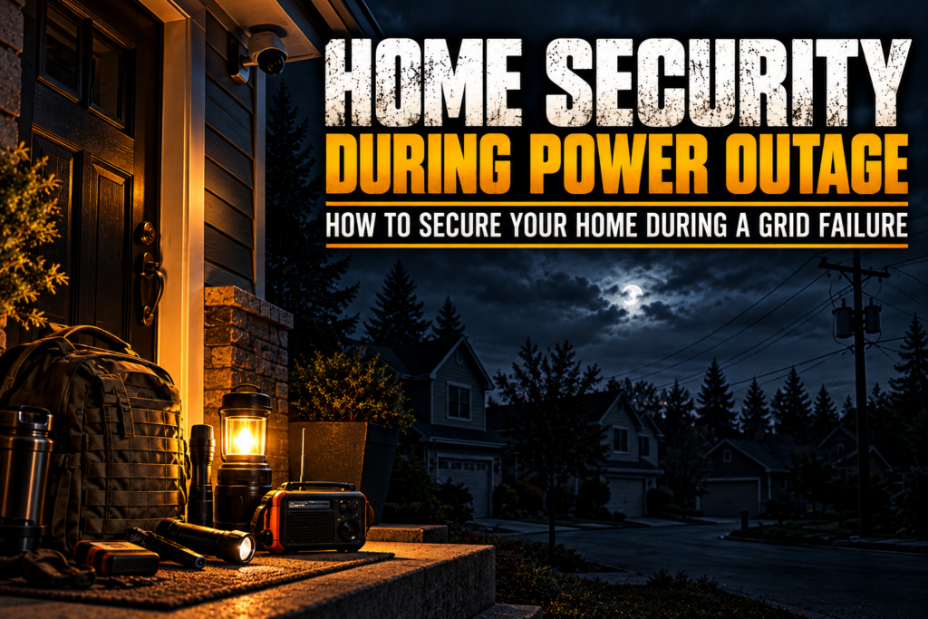 Home security during power outage with emergency lighting, radio and security supplies during a neighborhood grid failure