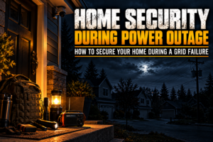 Home security during power outage with emergency lighting, radio and security supplies during a neighborhood grid failure