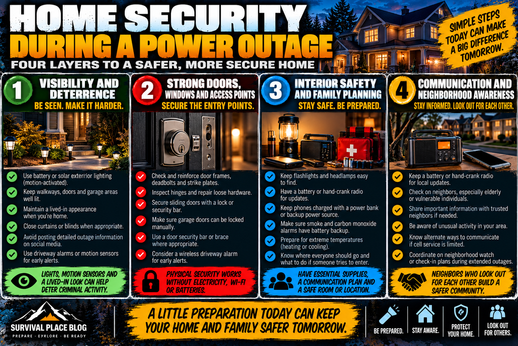 Home security during a power outage infographic showing four layers: visibility and deterrence, strong doors and windows, interior safety and family planning, and communication and neighborhood awareness.