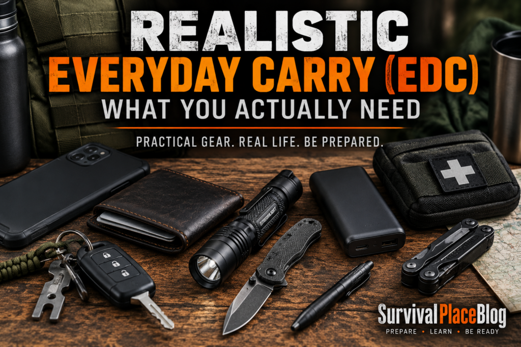 Realistic everyday carry essentials including phone, wallet, flashlight, power bank and first aid supplies