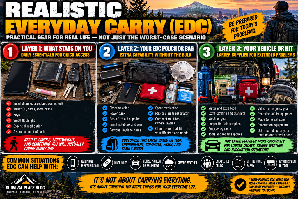 Realistic everyday carry infographic showing three layers: Layer 1 items kept on you such as a phone, wallet, keys, flashlight and medication; Layer 2 items in an EDC pouch or bag such as a charging cable, power bank, first aid supplies and notebook; and Layer 3 larger supplies stored in a vehicle or emergency kit.