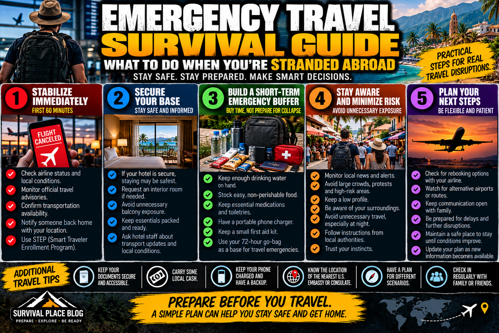 Emergency travel survival infographic showing five phases for travelers stranded abroad: stabilize immediately, secure a safe base, build a short-term emergency buffer, stay aware and minimize unnecessary movement, and plan the next steps home while maintaining communication and essential supplies.