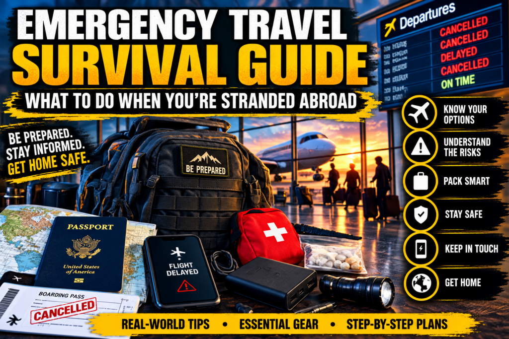 Emergency travel survival gear with passport, backpack, first aid kit and delayed flight information