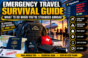 Emergency travel survival gear with passport, backpack, first aid kit and delayed flight information