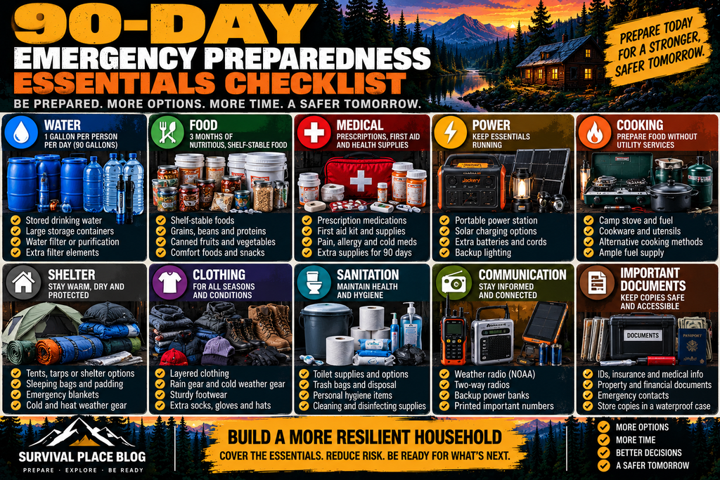 90-day emergency preparedness checklist infographic showing key household preparedness categories including water, food, medical supplies, power, cooking, shelter, clothing, sanitation, communication, and important documents.