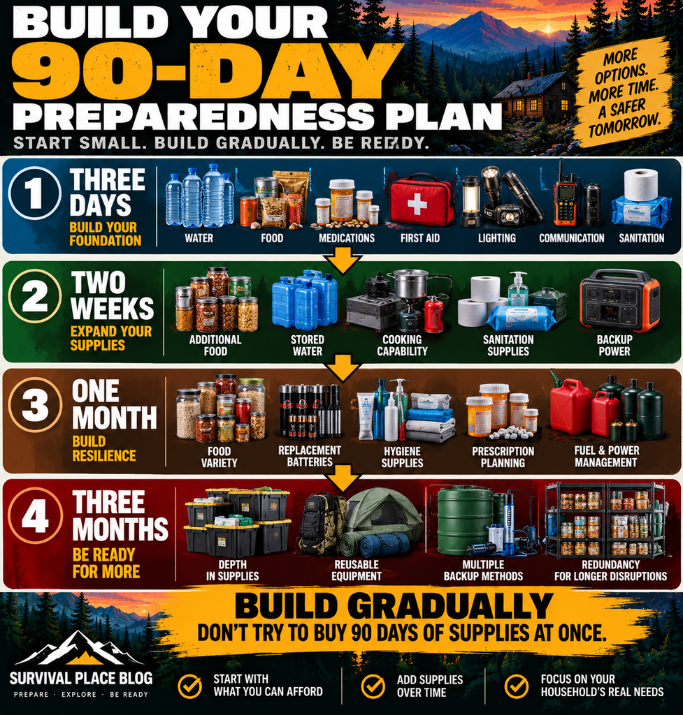 Survival Place Blog infographic showing four stages of a 90-day preparedness plan: three days, two weeks, one month, and three months, with supplies and backup capabilities added at each stage.