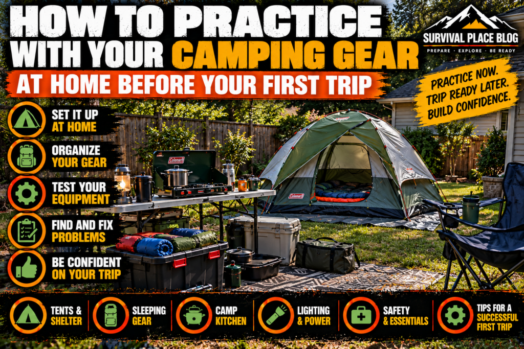 Backyard camping gear practice setup featuring a dome tent, sleeping bags, folding camp kitchen, storage totes, and camping equipment arranged before a first trip.