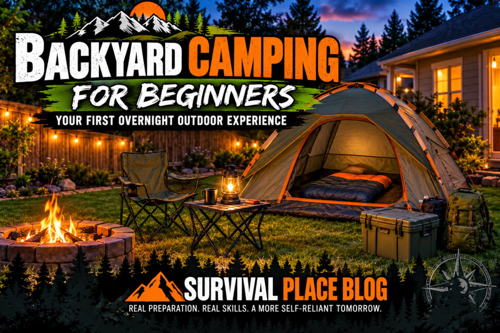 Backyard camping for beginners featuring a dome tent, sleeping bag, camp chair, lantern, and organized camping gear in a residential backyard at dusk.