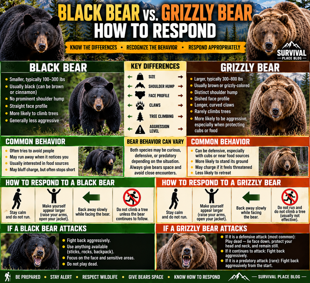 Black bear versus grizzly bear safety infographic comparing physical differences, common behaviors, encounter responses, and defensive versus predatory bear attack survival guidance.