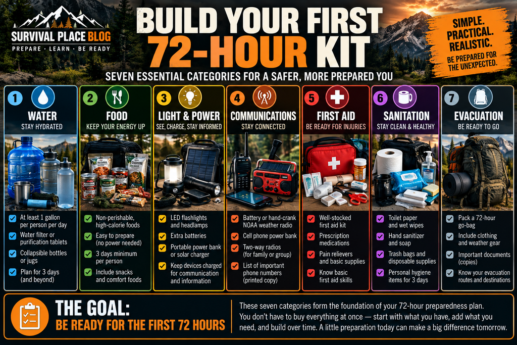 72-hour preparedness plan showing seven essential emergency kit categories: water, food, light and power, communications, first aid, sanitation, and evacuation.
