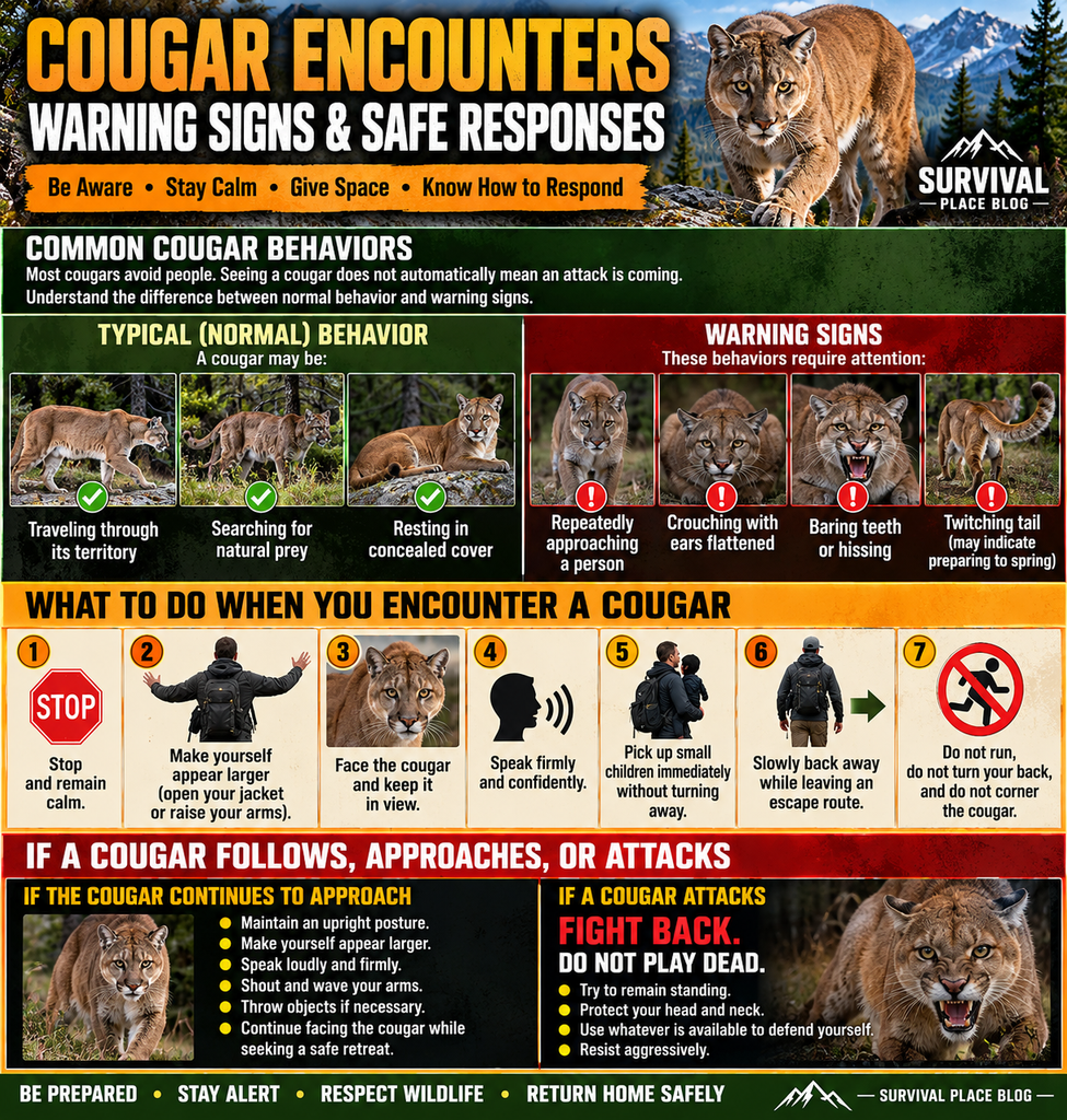 Cougar encounter safety infographic showing normal cougar behavior, warning signs, how to respond when encountering a mountain lion, and what to do if a cougar attacks.