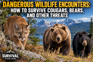 Dangerous wildlife encounters featuring a cougar, grizzly bear, and black bear in a mountainous wilderness landscape.