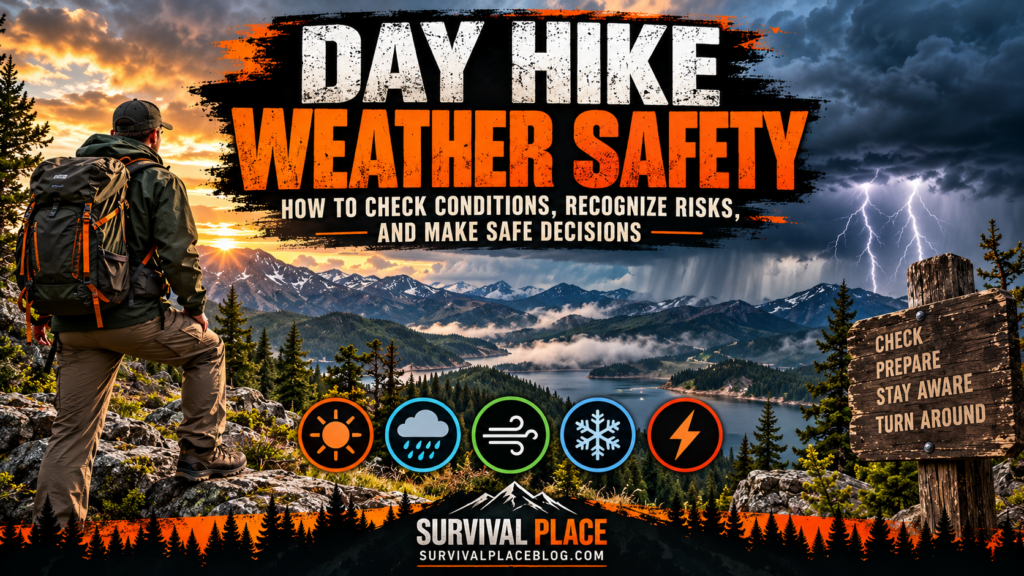 Day hike weather emergencies featuring a hiker observing approaching thunderstorms over mountain terrain, illustrating changing weather conditions, hiking safety, and the importance of turning around.