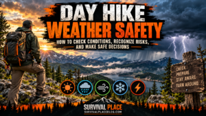 Day hike weather emergencies featuring a hiker observing approaching thunderstorms over mountain terrain, illustrating changing weather conditions, hiking safety, and the importance of turning around.